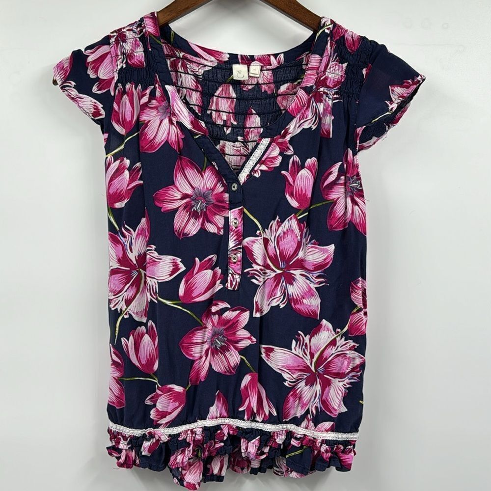 Anthropologie Eloise Floral Cap Sleeve V Neck Blouse